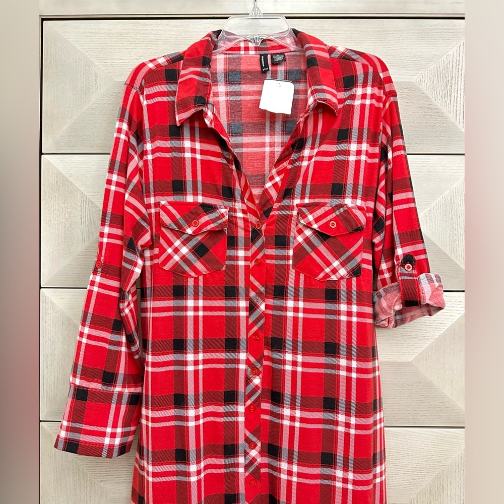 Next Question Red and Black Plaid Shirt Dress - Size 3X - Picture 3 of 5